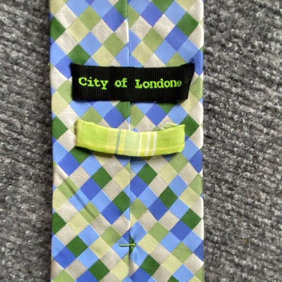 City Of London Tie Mens 100% Silk Blue Green Yellow Plaid Pattern Preppy Wedding - Picture 2 of 7